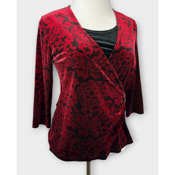 Choices Velvet Faux Wrap Blouse Lined Top Red Black Goth Vamp Whimsigoth Large - Picture 15 of 16
